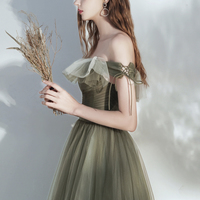 Green tulle long prom dress A line evening dress - Thumbnail 3
