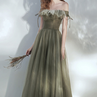Green tulle long prom dress A line evening dress - Thumbnail 4