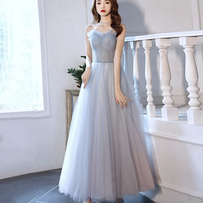 Blue tulle beads long prom dress blue evening dress