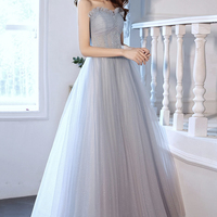 Blue tulle beads long prom dress blue evening dress - Thumbnail 1