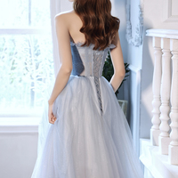 Blue tulle beads long prom dress blue evening dress - Thumbnail 8