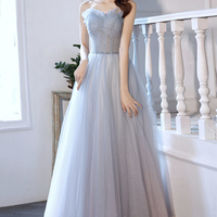 Blue tulle beads long prom dress blue evening dress - Thumbnail 9