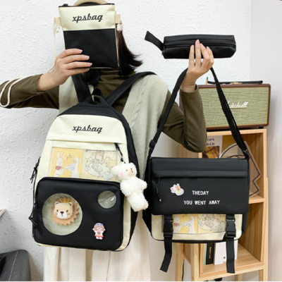 4pcs/set canvas travel backpacks women school bag