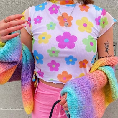 Colorful rainbow flower lace up mesh top