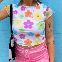 Colorful Rainbow Flower Lace up Mesh Top - Thumbnail 1