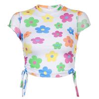Colorful Rainbow Flower Lace up Mesh Top - Thumbnail 2