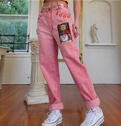 Vintage Pink Women‘s Jeans Pants Mid-Waist
