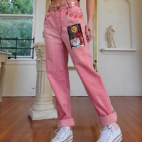 Vintage Pink Women‘s Jeans Pants Mid-Waist - Thumbnail 2