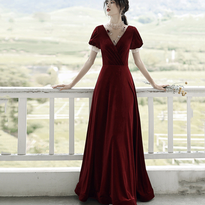 Burgundy velvet long prom dress a line evening dress - Thumbnail 2