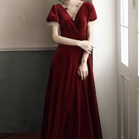 Burgundy velvet long prom dress A line evening dress - Thumbnail 1