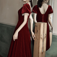 Burgundy velvet long prom dress A line evening dress - Thumbnail 2