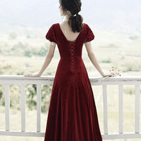 Burgundy velvet long prom dress A line evening dress - Thumbnail 3