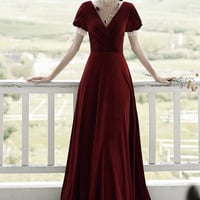 Burgundy velvet long prom dress A line evening dress - Thumbnail 4