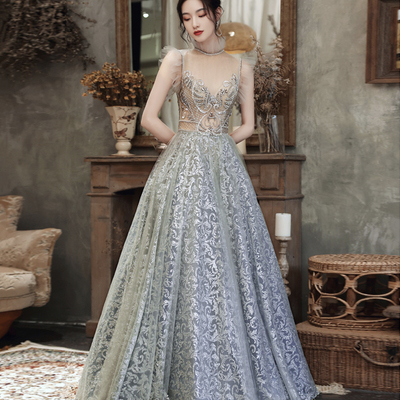 Gray tulle sequins long prom dress a line evening gown - Thumbnail 1
