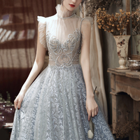 Gray tulle sequins long prom dress A line evening gown - Thumbnail 2