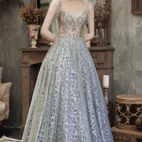 Gray tulle sequins long prom dress A line evening gown - Thumbnail 7