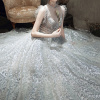 Gray tulle sequins long prom dress A line evening gown - Thumbnail 4