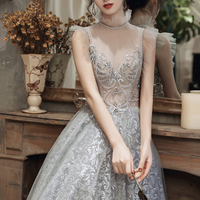 Gray tulle sequins long prom dress A line evening gown - Thumbnail 6