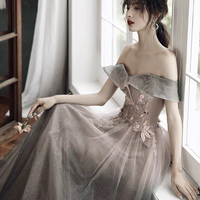 Stylish tulle sequins long prom dress A line evening dress - Thumbnail 1