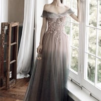 Stylish tulle sequins long prom dress A line evening dress - Thumbnail 3