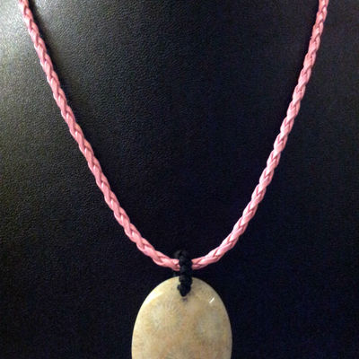 Natural coral fossil gemstone oval pendant with artificial leather 16" necklace