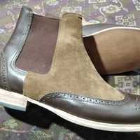 Handmade men camel brown leather suede oxfords style wingtip ankle high chelsea boot, mens chelsea boot - Thumbnail 2