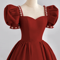 Red satin A line prom dress red evening dress - Thumbnail 1