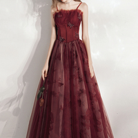 Burgundy Tulle Long Prom Dress A Line Evening Dress - Thumbnail 1