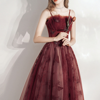 Burgundy Tulle Long Prom Dress A Line Evening Dress - Thumbnail 2
