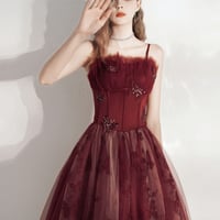 Burgundy Tulle Long Prom Dress A Line Evening Dress - Thumbnail 3