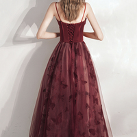 Burgundy Tulle Long Prom Dress A Line Evening Dress - Thumbnail 5