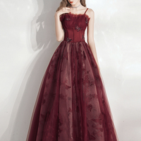 Burgundy Tulle Long Prom Dress A Line Evening Dress - Thumbnail 6