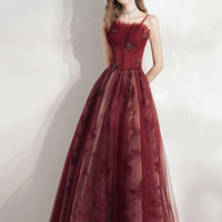 Burgundy Tulle Long Prom Dress A Line Evening Dress - Thumbnail 7