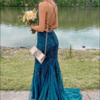 SP2057,Mermaid Backless Teal Lace Long Prom Dress,Teal Lace Formal Dress,Mermaid Teal Evening Dress - Thumbnail 1