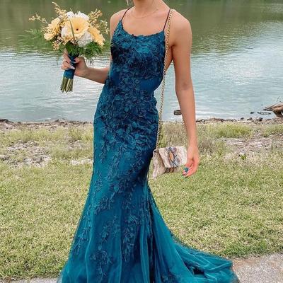 Sp2057,mermaid backless teal lace long prom dress,teal lace formal dress,mermaid teal evening dress - Thumbnail 2