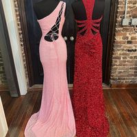 Stunning Mermaid One Shoulder Pink Sequins Long Prom Evening Dresses - Thumbnail 1