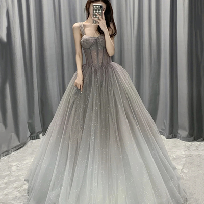 Gray tulle long ball gown dress a line evening gown - Thumbnail 2