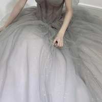 Gray tulle long ball gown dress A line evening gown - Thumbnail 1