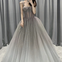 Gray tulle long ball gown dress A line evening gown - Thumbnail 4
