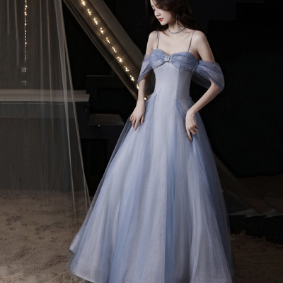 Blue tulle sequins long prom dress blue evvening dress - Thumbnail 2