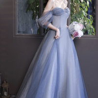 Blue tulle sequins long prom dress blue evvening dress - Thumbnail 1