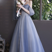 Blue tulle sequins long prom dress blue evvening dress - Thumbnail 2