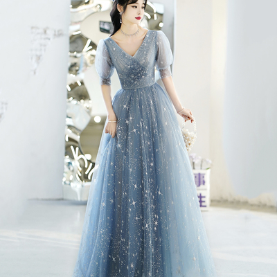 Blue v neck tulle long prom dress blue evening dress