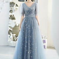 Blue v neck tulle long prom dress blue evening dress - Thumbnail 1