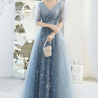 Blue v neck tulle long prom dress blue evening dress - Thumbnail 2