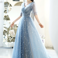 Blue v neck tulle long prom dress blue evening dress - Thumbnail 3
