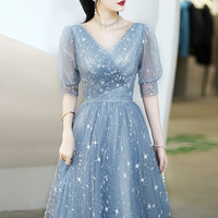 Blue v neck tulle long prom dress blue evening dress - Thumbnail 4