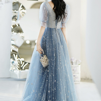 Blue v neck tulle long prom dress blue evening dress - Thumbnail 7