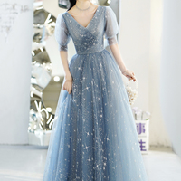 Blue v neck tulle long prom dress blue evening dress - Thumbnail 8