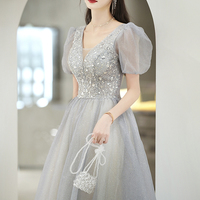 Cute v neck tulle beads long prom dress A line evening dress - Thumbnail 5